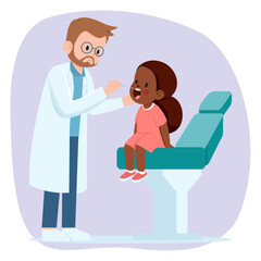 Dentist and Child Patient, Male Dental Doctor Examining Little Black Girl's Teeth with Dental Equipment, Cartoon Vector Flat 