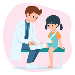 Orthopedic Cast of a Little Girl Patient, Doctor Putting on Plaster Cast to Girl Child Patient, Cartoon Vector Flat Illustration