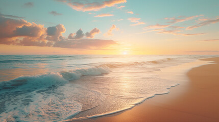 A tranquil beach at sunset, with calm waves gently lapping against the shore and a palette of warm colors in the sky