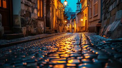 A narrow cobblestone street in an old town, lined with historic buildings and lit by warm street lamps at dusk
