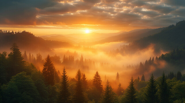 A serene sunrise over a misty mountain valley, with the first rays of light piercing through the fog