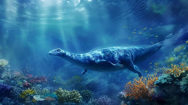 A mighty Elasmosaurus glides through the water its long body undulating in perfect harmony with the gentle current of the coral reef.