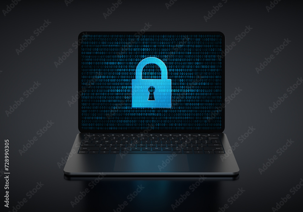 Poster laptop device with digital lock icon in screen on a dark background. realistic rendering.