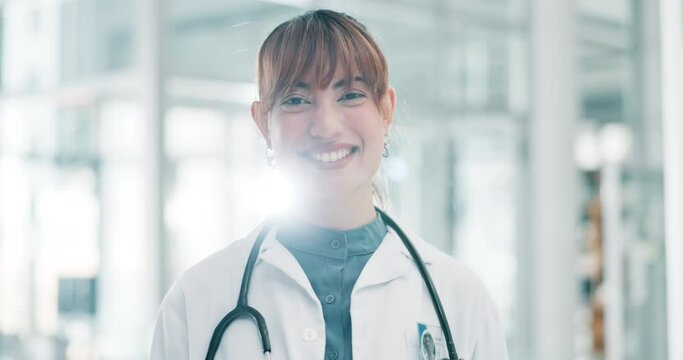 Doctor, smile and hospital in portrait for healthcare, pride and medical advice. Female surgeon, happy and confident in private practice for life insurance, consultation or checkup at clinic