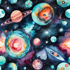 Cosmic Symphony - Unreal celestial bodies, gamma ray bursts, and dreamy watercolor art in cosmic scenery Gen AI - obrazy, fototapety, plakaty