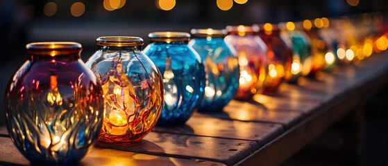 brightly colored glass vases lined up on a wooden table