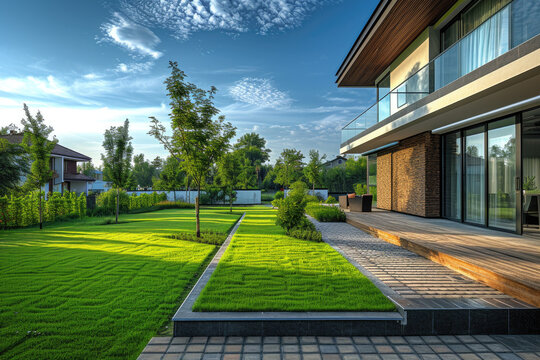 modern house facade in summer with grass and trees