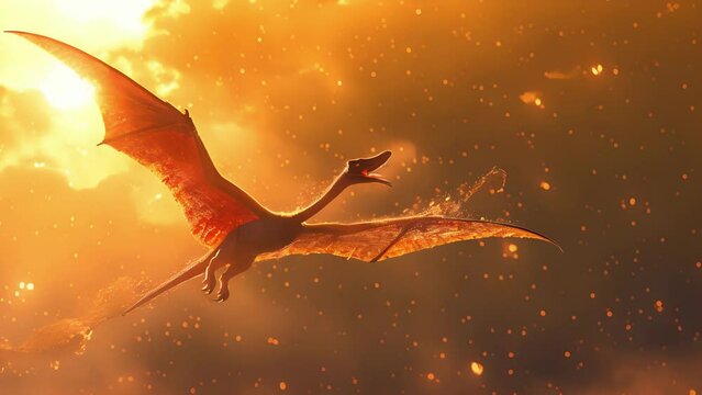 A Pterodactyl soaring through the sky its wings catching the water droplets from a sun shower creating a stunning display of colors.