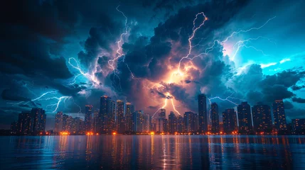 Photo sur Plexiglas Réflexion A lightning storm over a city skyline at night, with multiple bolts striking buildings simultaneously and the city lights reflecting off the clouds