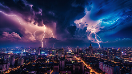 A lightning storm over a city skyline at night, with multiple bolts striking buildings simultaneously and the city lights reflecting off the clouds