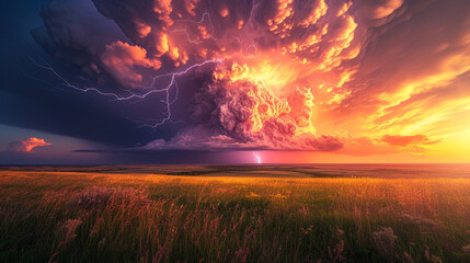 A towering supercell thunderstorm looms over a serene prairie at sunset, lightning branching across the sky - obrazy, fototapety, plakaty