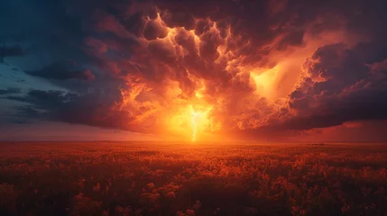 Fotobehang A towering supercell thunderstorm looms over a serene prairie at sunset, lightning branching across the sky © AI By Ibraheem