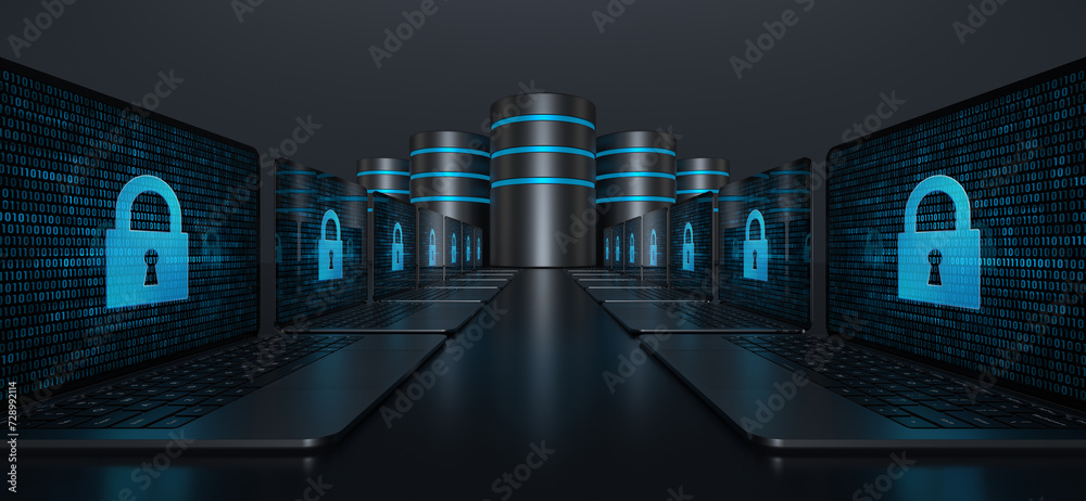 Poster two rows of laptop devices with a digital lock icon on their screens forming a pathway leading to da
