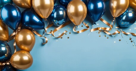 Abstract background with golden and blue metallic balloons. Festive banner for birthday party, anniversary or other events.