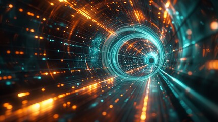 Obraz premium Warp speed through a neon-lit digital tunnel, with streaks of orange and blue light creating a dynamic abstract backdrop
