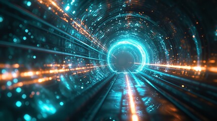 Futuristic journey down an illuminated tunnel of light, where vibrant streaks meet to create high-speed motion