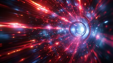 Obraz premium High-speed travel through an abstract tunnel aglow with radiant red light and a dynamic multicolor spectrum, vibrant spectrum in motion