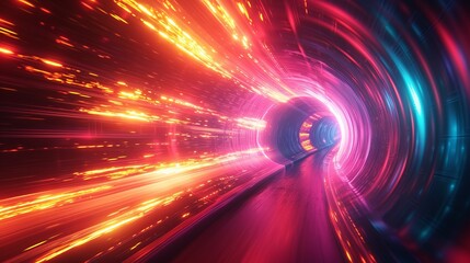 Dynamic 3D rendered tunnel illuminated by a spectrum of purple light, depicting high-speed movement and futuristic energy