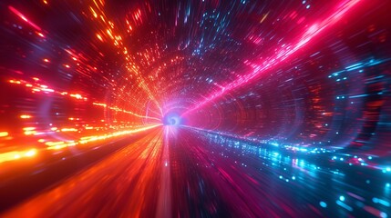 Dynamic 3D rendered tunnel illuminated by a spectrum of purple light, depicting high-speed movement and futuristic energy