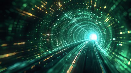 Green light beams through an abstract tunnel, creating a sense of high-speed movement and futuristic energy.  Green vibrant high-speed voyage