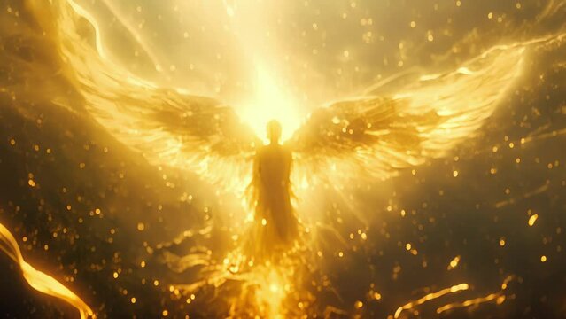 A divine being with shimmering golden wings adorned with ethereal ribbons of light guides souls through the infinite expanse of the astral realm.