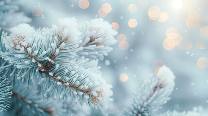 winter festive christmas background with snow covered spruce branch