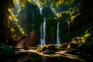 A hidden mountain temple nestled in a lush forest, with a cascading waterfall providing a sense of serenity. Sunlight filters through the leaves, casting a magical glow