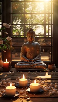 Tea light candle casting intricate shadows from a Buddha statue in a cozy indoor setting, against a backdrop of rustic wood