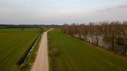 This image captures a tranquil countryside scene, with a long, straight road bisecting lush green fields. To the right, a line of bare trees marks the boundary of the fields, suggesting a seasonal