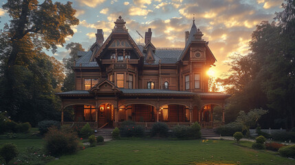 A Victorian house at sunrise, with the first rays of light illuminating its intricate woodwork and...