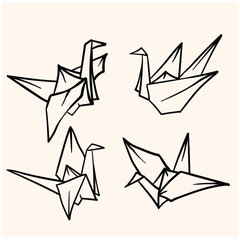 Doodle of Origami paper birds, illustration style doodle and line art