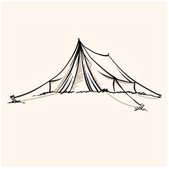 Cute old temporal nylon bivvy stretches rope tied with wooden pegs in the grass. illustration style doodle and line art