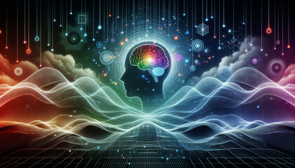 E-Learning: Digital Brain in Surreal Landscape with Psychic Waves.