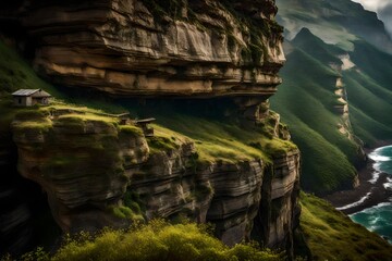 A rugged, green cliff face, carved by centuries of wind and water, stands as a testament to the enduring beauty of untouched wilderness