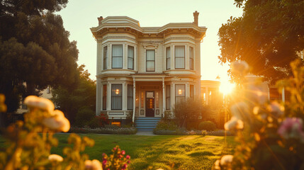A Victorian house during the golden hour, highlighting the warm glow of the setting sun on its...