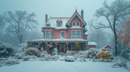 A Victorian house in the snow, capturing the contrast between the white snowflakes and the colorful, detailed exterior