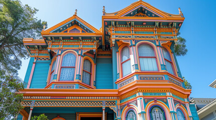 Fototapeta na wymiar The detailed facade of a Victorian house, focusing on the ornate trim and vibrant paint colors against a clear blue sky
