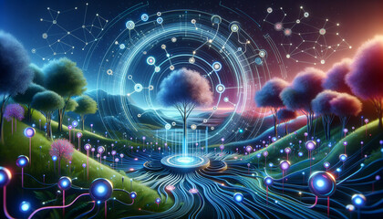 Futuristic random forest algorithm with holographic interface and high-tech gadgets in a vibrant forest.