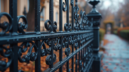 The wrought iron fence and gate of a Victorian house, with a focus on the patterns and how they...