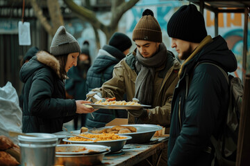 volunteers giving humanitarian food to the homeless people 
