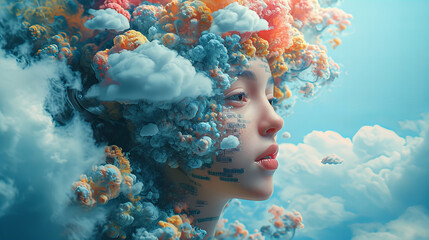 Dreamy Cloudscape Art Portrait, artistic portrayal of a person with a headpiece made of colorful clouds against a blue sky, merging surrealism with beauty