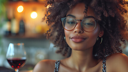 African American young woman in the glasses with a glass of red wine staying at home alone or celebrating birthday, Valentine day, International Women day, portrait of a person in a bar, lifestyle con - obrazy, fototapety, plakaty