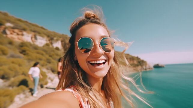 cute laughing girl in sunglasses on the beach taking a selfie