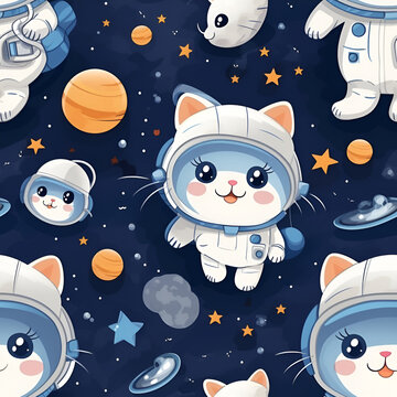 Cute cartoon cats wearing astronaut suit in space seamless pattern