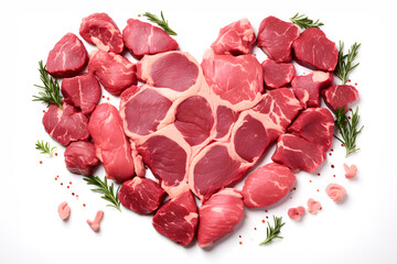 fresh beef meat in the shape of a heart on a white background. nutrition and protein foods. kitchen and cooking