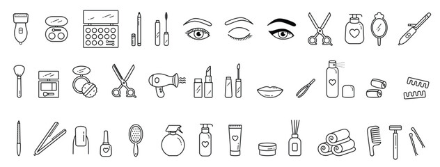 Vector Beauty, Face and Hair Care outlined icon set.  - obrazy, fototapety, plakaty