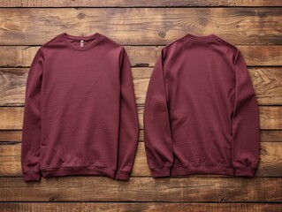 Blank Maroon Long Sleeve T Shirt Mockup Front and back on Wooden aesthetic Background. Maroon T-Shirt Template. Ai Generated - obrazy, fototapety, plakaty