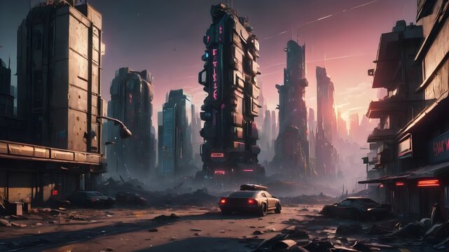 Apocalyptic Cyberpunk Cityscape in Ruins