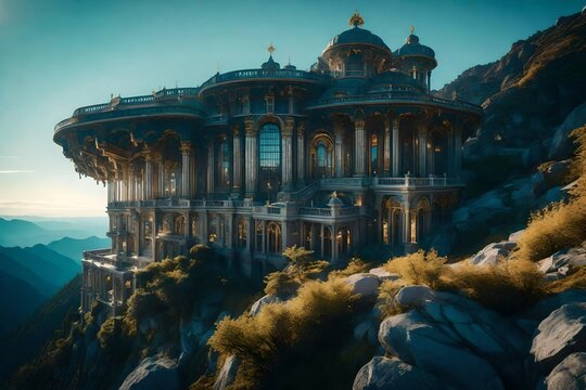 A crystalline palace nestled atop a mountain peak, reflecting the splendor of a pristine landscape