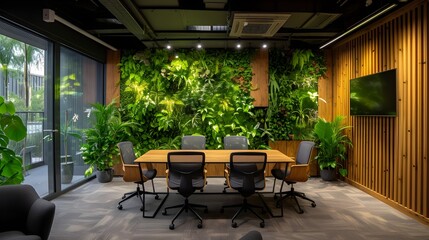 Open plan office with lush plant living walls for green and productive workspace ambiance